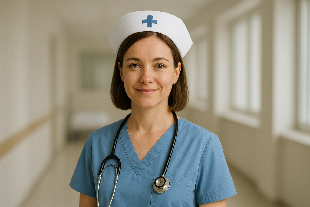Porträt einer lächelnden Krankenschwester in blauer Uniform mit Stethoskop und weißer Haube mit blauem Kreuz, stehend in einem hellen Krankenhausflur.