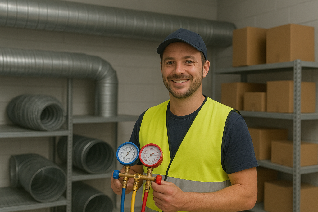 Ein lächelnder Mann trägt eine gelbe Warnweste und eine dunkelblaue Kappe. Er steht in einem Lagerraum mit Metallrohren und Kartons im Hintergrund und hält ein Manometer mit roten, blauen und gelben Schläuchen in den Händen. Die Szene zeigt eine Lagerkraft im HKLS-Bereich (Heizung, Klima, Lüftung, Sanitär) bei der Arbeit.